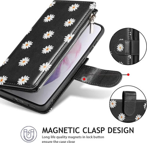 Vista 7 de UEEBAI Funda tipo cartera para Samsung Galaxy S21 FE 5G, funda de piel sintética con cierre magnético, bolsillo con cremallera, ranuras