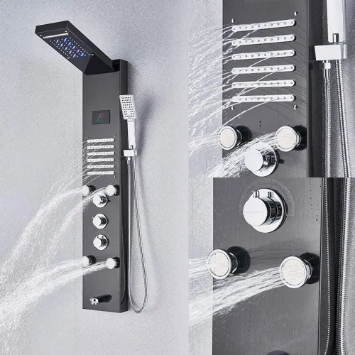 Vista 5 de Hidroelectricidad Led lluvia cascada ducha panel masaje spa jets LCD pantalla digital sistema de ducha columna de ducha-Blackend