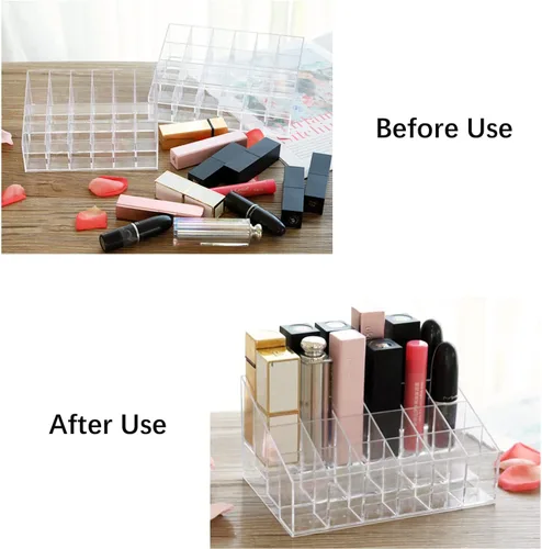 Vista 4 de Soporte para lápiz labial de 24 espacios, organizador de lápiz labial acrílico transparente y estante de exhibición para cosméticos, organizador