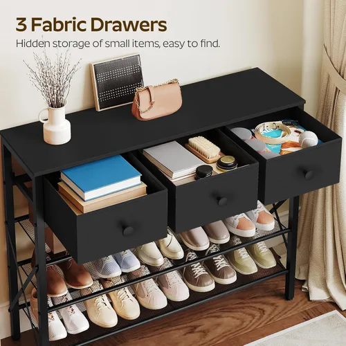 Vista 4 de YATINEY - Zapatero de 4 niveles con 3 cajones, organizador de zapatos de metal para 15 pares con estantes de almacenamiento y parte superior de Negro