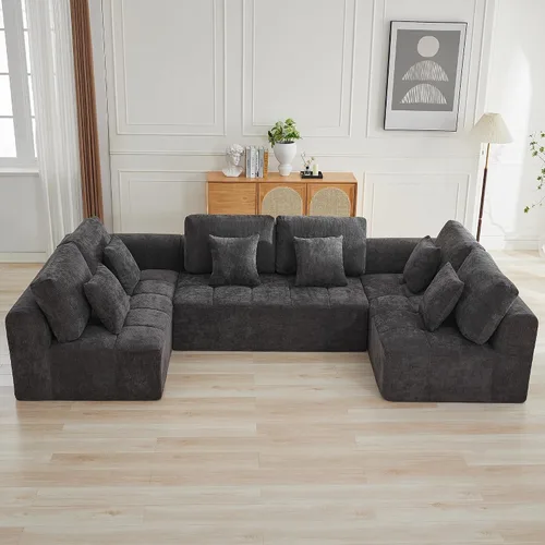 Vista 11 de Sofás seccionales modulares de 110 pulgadas para sala de estar, sofá seccional comprimido sin hueso, sofá de espuma viscoelástica tapizado de 3 Beige