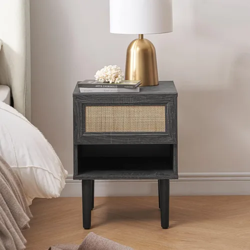 Vista 6 de Mopio - Mesita de noche Haylee de ratán, mesa auxiliar perfecta para sala de estar y dormitorio que complementa tu cama o sofá (carbón)