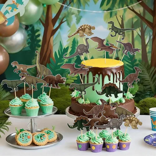 Vista 4 de 48 piezas de decoración de cupcakes de dinosaurio rugido dinosaurio decoración de pastel de cumpleaños para temática de dinosaurio, suministros