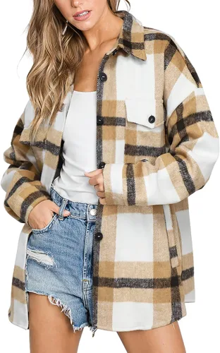 Vista 32 de Beaully Chaqueta-Camisa de Franela a Cuadros para Mujer, Trajes de Otoño 2025, Camisa de Manga Larga con Botones, Chaqueta Abrigo con Bolsillos Negro