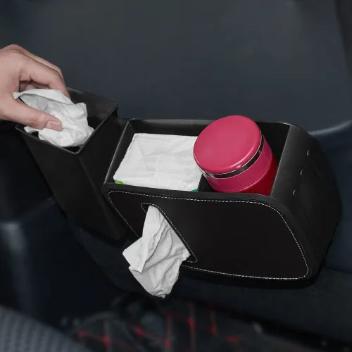 Vista 2 de JSCARLIFE Organizador de asiento delantero para automóvil con basura, cubo de basura desmontable para automóvil con caja de pañuelos y caja
