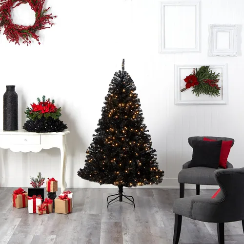 Vista 9 de Nearly Natural Árbol de Navidad artificial negro de 6 pies con 400 luces LED transparentes y 1036 puntas