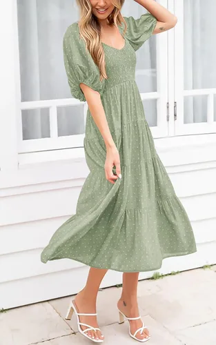 Vista 5 de PRETTYGARDEN Vestidos de primavera 2024 para mujer, manga abombada, cuello en V, punto suizo, cintura alta, vestido de gasa con escalones, vestidos