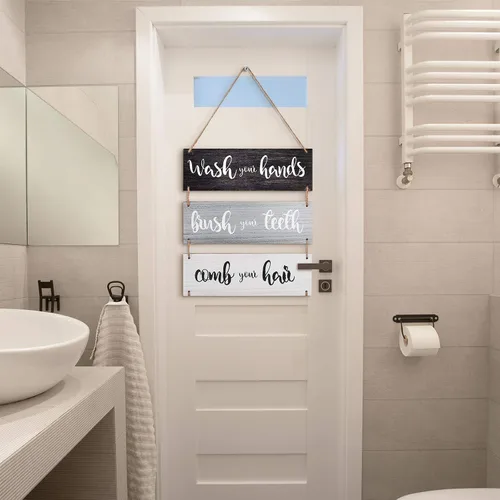 Vista 4 de Jetec Decoración de pared para el baño, cartel de reglas de baño, arte de pared, cartel familiar para colgar, cartel de madera divertido, decoración