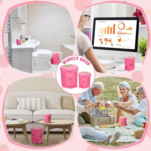 Vista 7 de Tessco for you 2 piezas de basura de escritorio de fresa, lindo bote de basura pequeño para encimera con tapa, cubo de basura pequeño Kawaii de Rosa