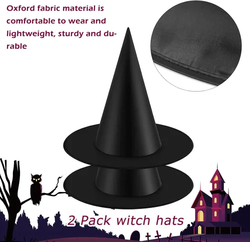 Vista 5 de Paquete de 2 sombreros de bruja negros para niños y adultos, sombrero de bruja con rop colgante para decoraciones de fiesta de Halloween