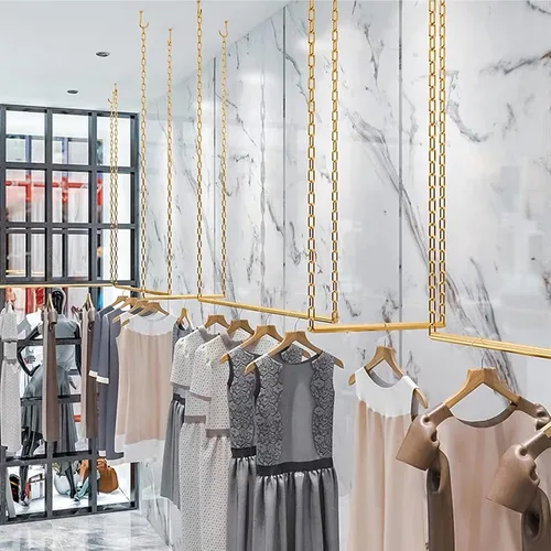 Vista 7 de 2 estantes para colgar ropa con cadena de metal ajustable en altura, estante de exhibición creativo para vestidos de boda, estante de metal