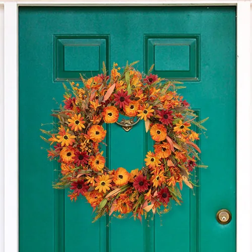 Vista 3 de J'FLORU Corona artificial de otoño de 22 pulgadas, coronas de otoño para puerta delantera, corona de margaritas naranjas con bayas silvestres