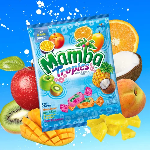 Vista 3 de Needzo Mamba - Surtido de dulces masticables tropicales, tiras de frutas y palitos, golosinas saborizadas envueltas individualmente, paquete de 3