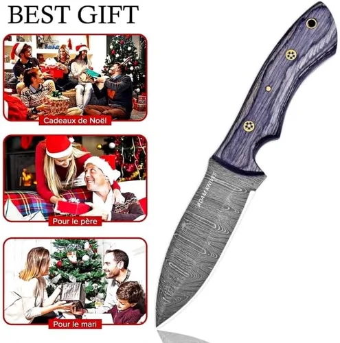 Vista 4 de Cuchillo de caza de acero de Damasco de hoja fija con funda de cuero de 9 pulgadas, cuchillo de caza de espiga completa, mango de madera