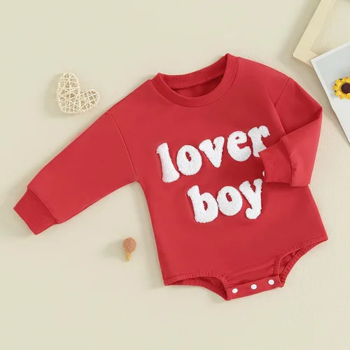 Vista 30 de SOLILOQUY Traje de manga larga con cuello redondo para el primer día de San Valentín para bebé niño y niña, mameluco de corazón de amor
