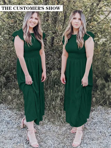 Vista 6 de MEROKEETY - Vestido midi fruncido de manga corta para mujer, vestido de verano casual, acampanado, con cintura elástica y escalonado