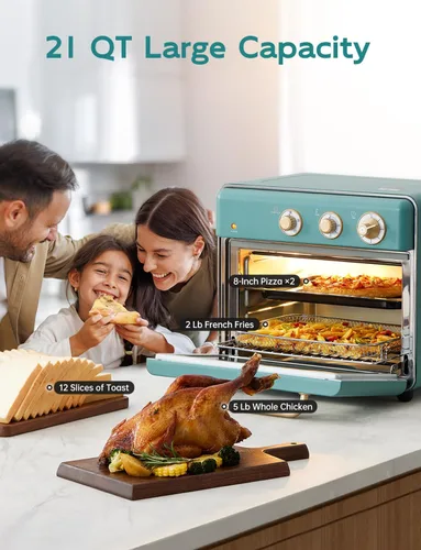 Vista 8 de Neretva Horno tostador y freidora de aire, 21 cuartos de galón y 6 en 1, horno tostador compacto, encimera con 5 rebanadas de 1500 W, freidora