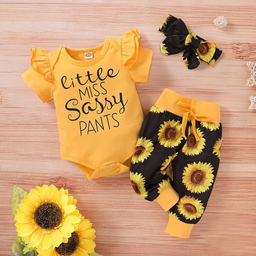 Vista 2 de Conjunto de ropa para bebé recién nacida, 3 piezas, camiseta y pantalones de girasol, conjunto de ropa