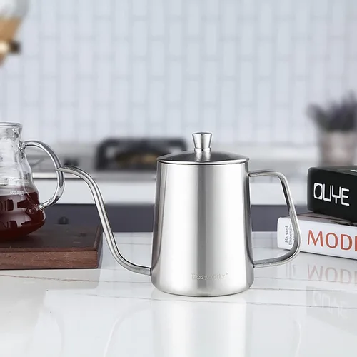 Vista 6 de Easyworkz Gage - Hervidor de café de cuello de cisne para verter sobre 20 onzas con termómetro de acero inoxidable con boquilla larga y estrecha