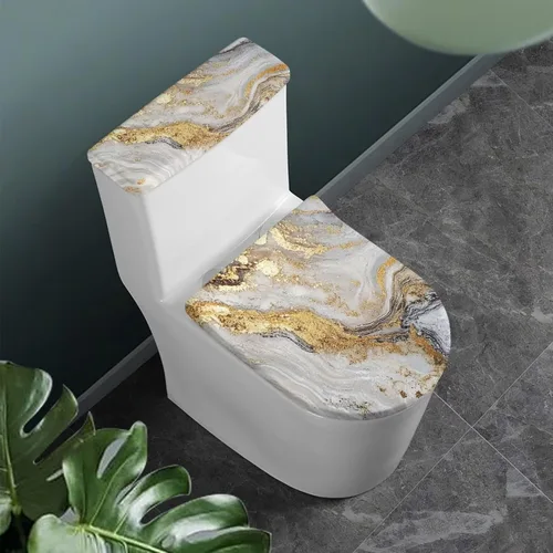 Vista 3 de Funda de asiento de inodoro de mármol blanco dorado para baño, cubierta de tapa de tanque de inodoro suave, 2 piezas, fundas de inodoro con tela