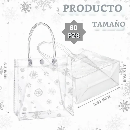 Vista 2 de Gueevin 60 piezas de bolsas de regalo de Navidad transparentes con asas, bolsas de plástico a granel para dulces, con temática de copo de nieve