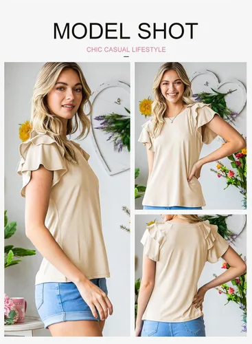 Vista 4 de EVALESS Blusas de verano para mujer, cuello redondo, manga corta, con volantes, color liso, ajustadas, blusas casuales