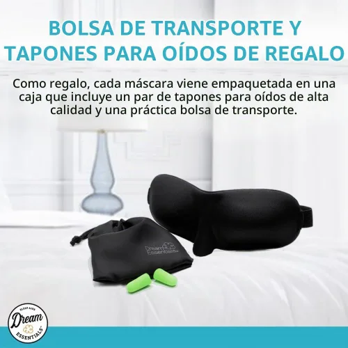 Vista 8 de Antifaz contorneado para dormir Dream Essentials, con tapones para los oídos y funda de transporte, color negro