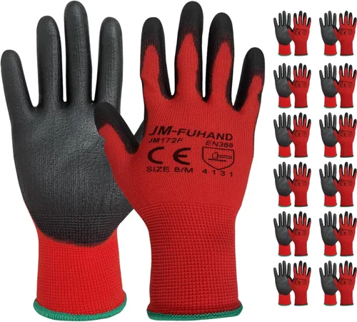 Vista 10 de Guantes de trabajo de seguridad ultrafinos con revestimiento de poliuretano (poliuretano), 12 pares, ideales para trabajos ligeros (gris, pequeño)