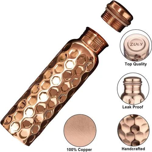 Vista 3 de Botella de agua de cobre 100% puro a prueba de fugas, perfecta para beneficios de salud ayurvédica para deportes, fitness, yoga, botella de agua