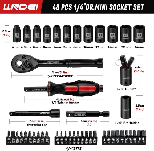 Vista 2 de LLNDEI Juego de llaves de trinquete de 48 piezas de 1/4 pulgada, enchufe métrico poco profundo (4-14mm) de 6 puntas, con 72 dientes, juego de llaves