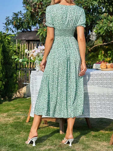 Vista 2 de CUPSHE Vestido largo para mujer, vestido largo de manga corta, escote en V, cuello en V