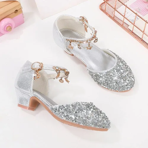 Vista 3 de ChuLian Sandalias para niñas con purpurina para niños, zapatos de vestir de tacón bajo con lentejuelas, sandalias de princesa para niñas pequeñas