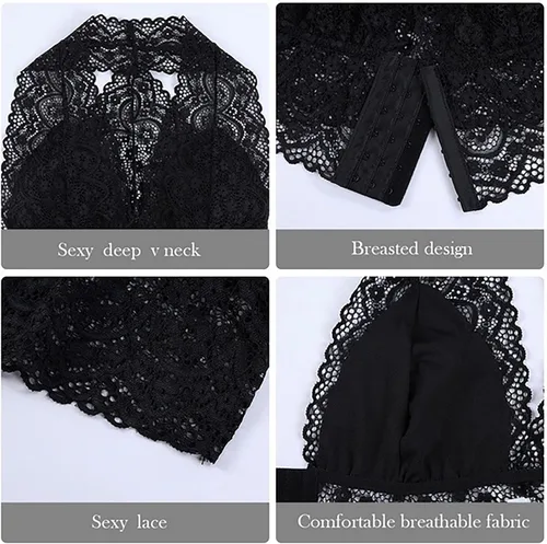 Vista 5 de Camiseta sexy para mujer, ribete de encaje de verano, festoneado, ahuecado, transparente, escote transparente, para fiesta nocturna y club
