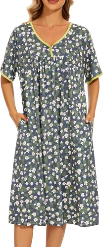 Vista 3 de AVIIER Camisones de noche de algodón suave para mujer, ropa de dormir de manga corta con bolsillos