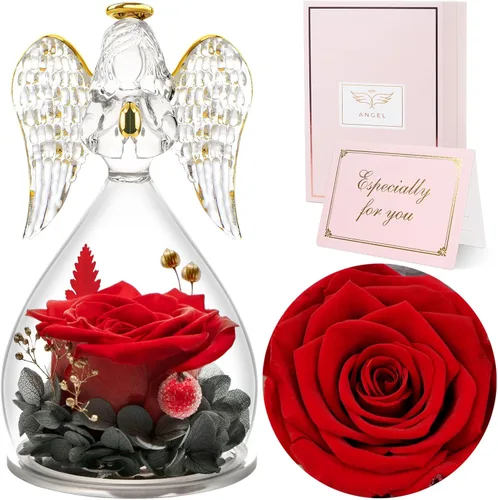 Vista 10 de Sunia Regalos para mamá, regalos de cumpleaños para mujeres, rosas reales preservadas en figura de ángel de cristal, flores eternas para la entrega
