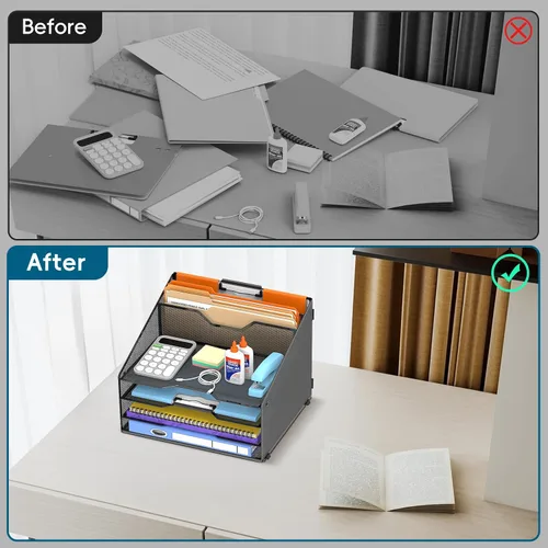 Vista 6 de Organizador de archivos de escritorio, organizador de papel con 4 bandejas de letras y 2 secciones verticales verticales, organizadores de Negro