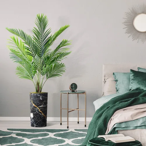 Vista 5 de Árbol artificial en macetero con efecto de granito moderno, palmera tropical areca artificial de seda para decoración del hogar en interiores