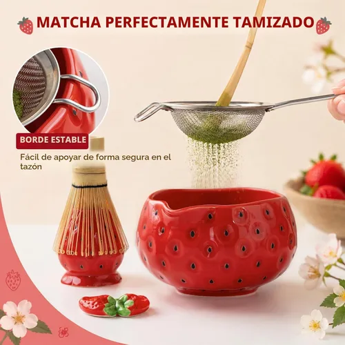 Vista 5 de Juego de batidor de matcha, juego de 7 piezas de matcha de fresa con Pajita Roja