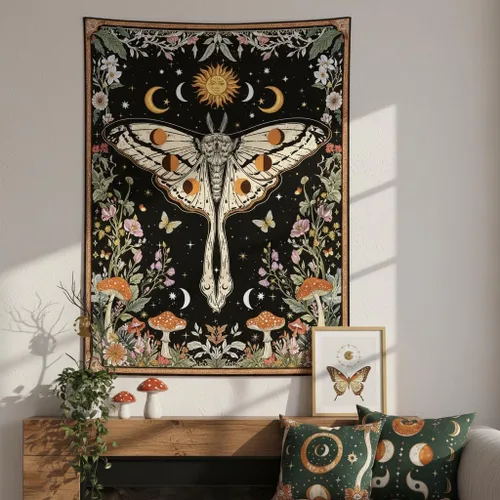 Vista 4 de Aipon Tapiz bohemio de polilla vintage con flores florales, tapices estéticos retro de hongos para dormitorio, sol y luna, tapiz pequeño para colgar