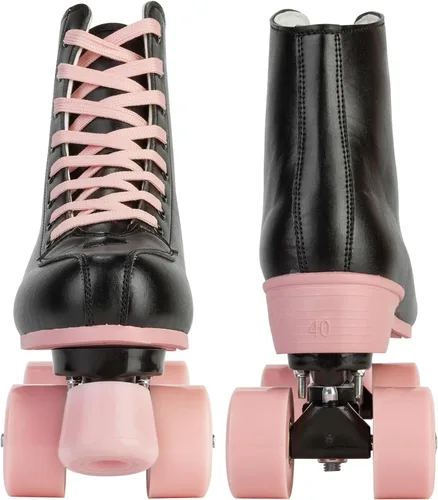 Vista 6 de YYW Patines de ruedas para mujeres y niñas, patines de derby de luces, patines de cuero sintético de doble fila, patines negros y rosas