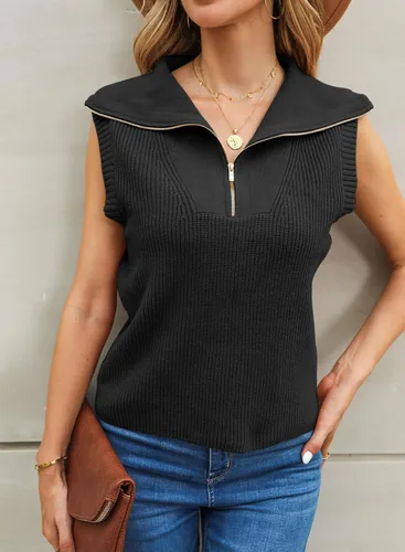 Vista 4 de EVALESS Suéteres sin mangas para mujer, suéter de punto con cuello en V y cuello en V, suelto, media cremallera, suéter sin botones