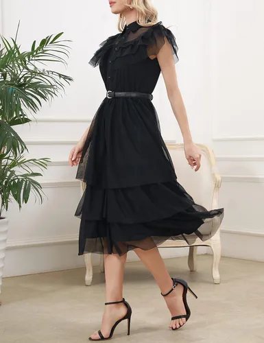 Vista 2 de Aphratti Vestido ajustado y acampanado para mujer, lindo vestido negro de bruja gótica con cuello de Peter Pan