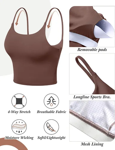Vista 5 de 3 piezas de brasier deportivo de línea larga para mujer, con tirantes delgados, parte superior acolchada para yoga, entrenamiento, fitness, brasier