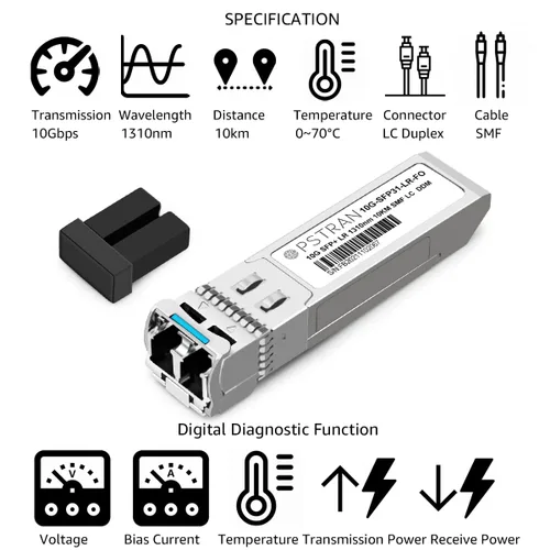 Vista 2 de 10GBASE-LR SFP+ Módulo Transceptor Óptico, 1310nm, 6.2 mi, DDM, Duplex LC SMF, 10 unidades, Gris, Sólido