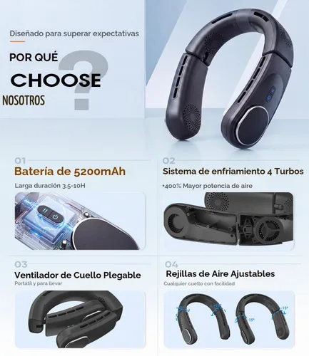Vista 5 de ChillGo - Ventilador de cuello, 4 ventiladores portátiles plegables Turbo Negro