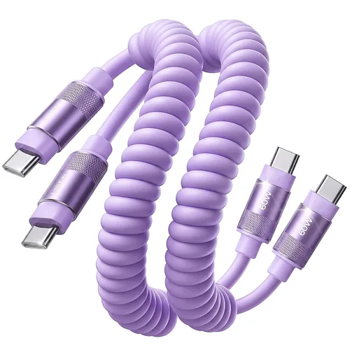 Vista 9 de LISEN Paquete de 2 cables USB C a USB C en espiral de 60 W para Android Negro espacial