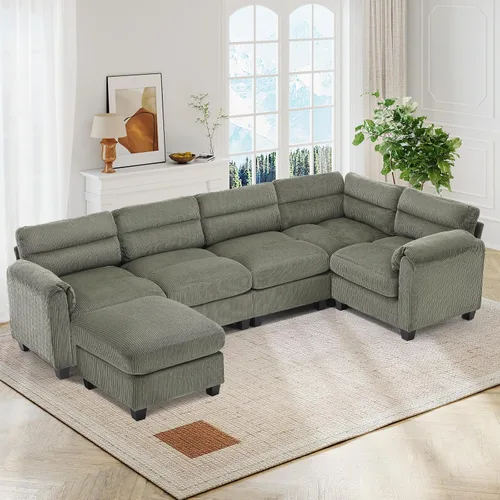 Vista 48 de HAOMARKETS Sofá esquinero modular en forma de L de 115 pulgadas con 2 otomanas móviles, sofás de pana de 8 plazas con cojín grueso para sala de Beige
