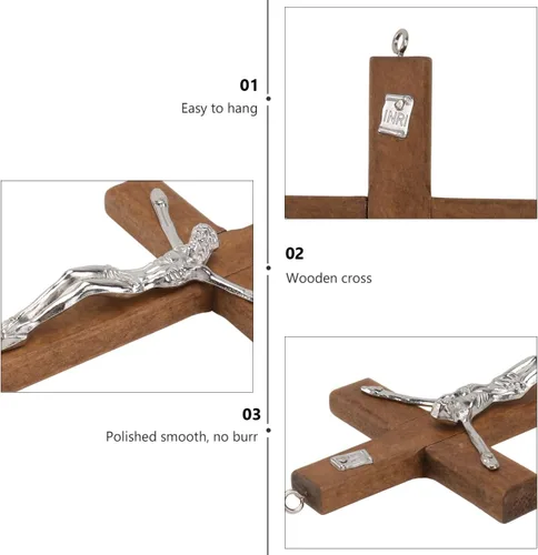 Vista 4 de BESTOYARD Arte de pared de madera, paquete de 3 – Medalla de 5 pulgadas con cruz de crucifijo pequeño y cruz católica colgante – Regalo religioso