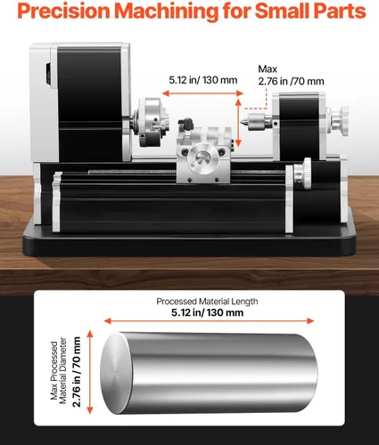 Vista 11 de VEVOR - Mini torno de metal didáctico, 7 x 13 cm, torno de metal de 36 W, velocidad de 20,000 RPM, con portabrocas de 3 mandíbulas, rueda manual