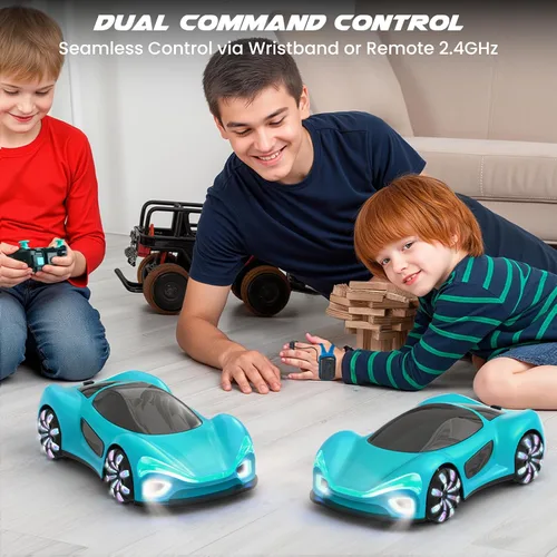 Vista 4 de SIMREX Auto de control remoto con detección de gestos con base de carga, juguete de auto de acrobacias y derrape a control remoto giratorio de 360°